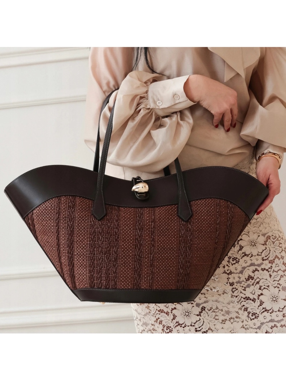 NEW! CHEVAL FIRENZE Miranda Max Large Raffia / Leather Tote Bag Dark Brown